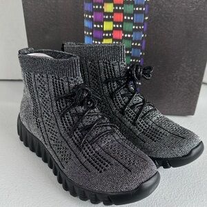 bernie mev. Black Metallic Knit Lace-Up Sock Sneakers. Brand New